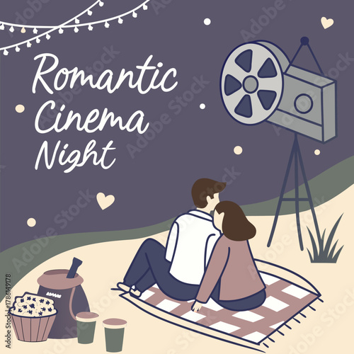 Couple watching a romantic cinema night with popcorn and drinks illustration