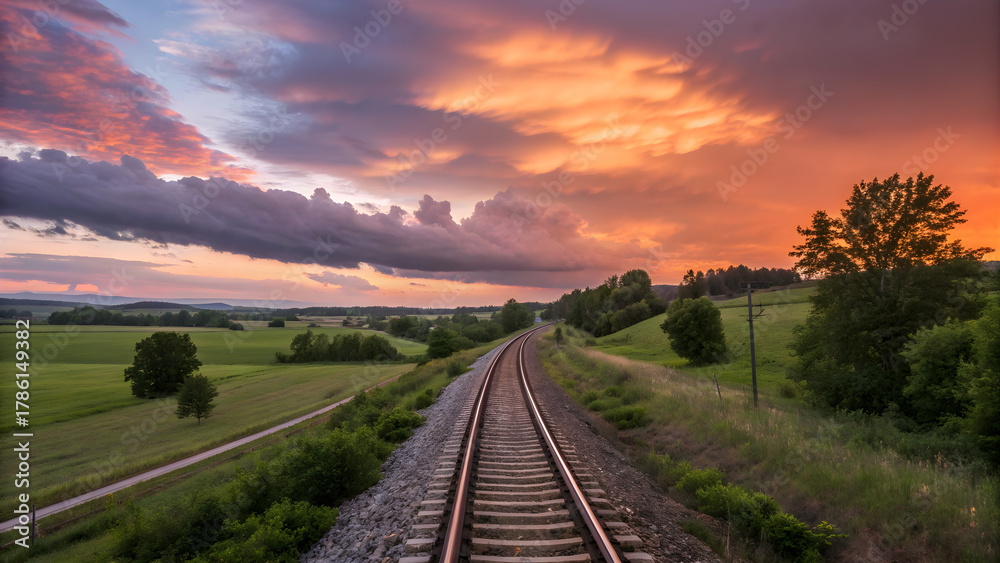 Obraz premium Dramatic sunset paints sky vibrant orange over rolling hills and winding train tracks leading to distant horizon