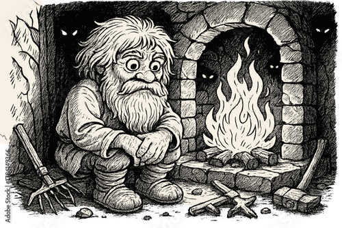 Domovoi by Fireplace. Domovoi spirit sitting by a fireplace with shadows, broken tools, and glowing eyes watching from corners,