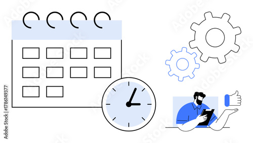 Calendar, clock, gears, and professional on tablet with thumbs up. Ideal for scheduling, teamwork, productivity, efficiency organization business strategy planning. Simple flat metaphor
