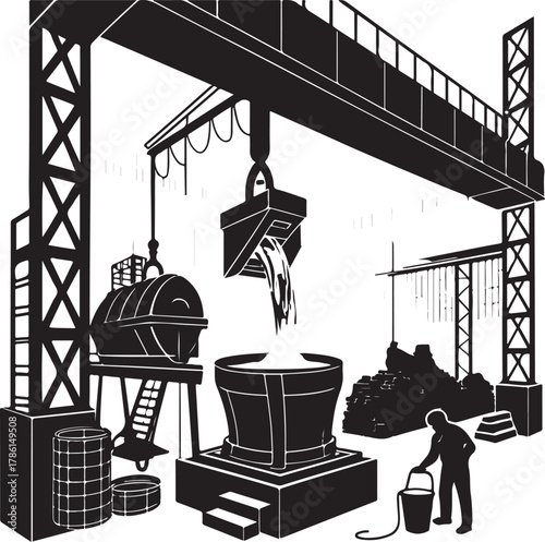 Industrial factory with molten metal pouring from a bucket and worker with bucket on white background