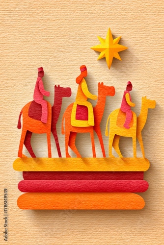 Celebración del Día de Reyes en España con figuras de papel y camellos