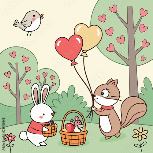 Illustration of a spring picnic with animals