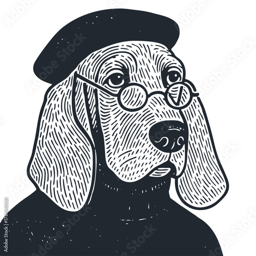 An intellectual hound dog character wearing a beret and round glasses. Vector illustration in a classic, vintage black and white engraving art style.