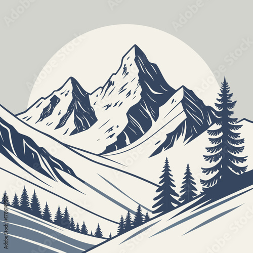 Illustration of a snowy mountain range with pine trees and a setting sun