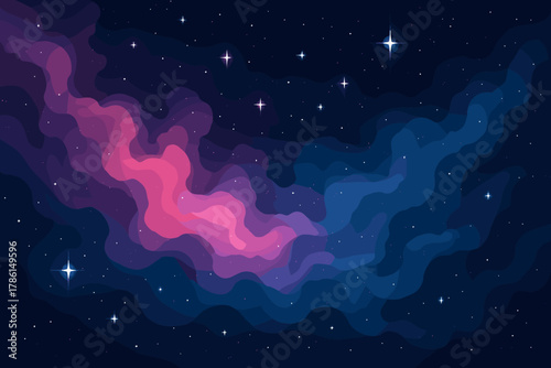 Cosmic Nebula Dream. Dreamlike cosmic scene with vibrant pink and blue nebula clouds vector illustration and glowing stars,