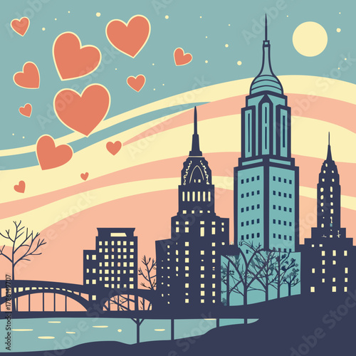 New york city skyline with hearts floating in the sky on a sunny day