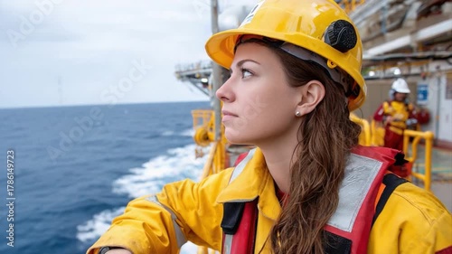 Offshore Sentinel: A dedicated professional gazes thoughtfully into the distance from an offshore platform, embodying safety and vigilance. Capturing dedication and maritime industry.