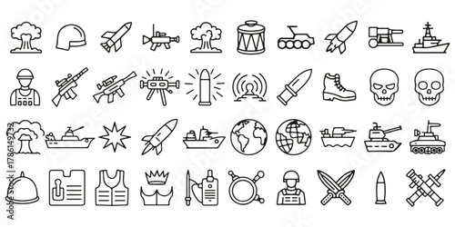 Set of military and weapon icons isolated on a transparent background