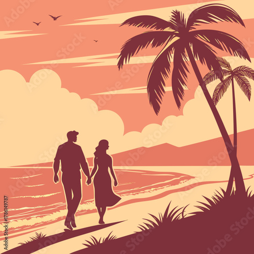 Romantic couple walking on a tropical beach at sunset with palm trees