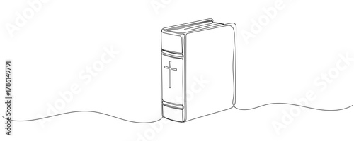 Continuous one line drawing silhouette of Bible. Bible linear icon. One line drawing background. Vector illustration. Line art of Bible Editable stroke