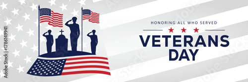 Veterans Day banner with a soldier silhouette saluting, flanked by American flags, set against a background of stars and stripes. Honors veterans and service members who served the USA.