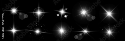 Glowing light bursts with sparkles. Glow light effect set, lens flare, explosion, glitter, line, sun flash, spark and star. Abstract image of lighting flare and white stars. Vector illustration