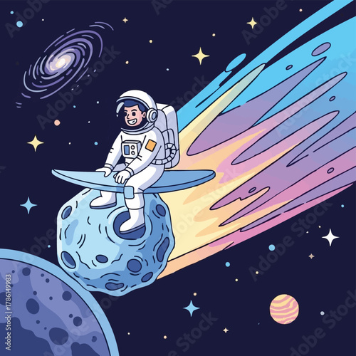 An astronaut enjoys a cosmic surfing adventure, riding a celestial body through a vibrant, colorful galaxy filled with stars and a swirling nebula.