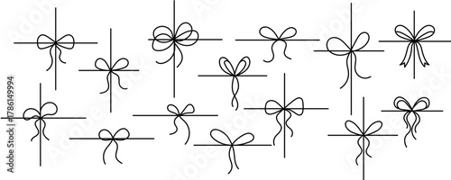 Hand drawn bow collection. Black doodled ribbon bows set. Outline bow elements pack for gift, present, package decoration. Sketch tied knots bundle. Vector Editable stroke