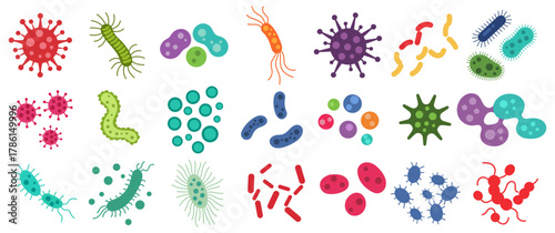 Bacteria, microbe, virus outline vector icon set. Microscopic bacterium and bacillus collection, isolated on white background