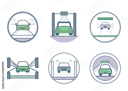 Illustrations depicting automated car safety testing and sensor technology innovations