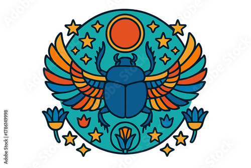 Egyptian Scarab Mandala. Scarab beetle in the center with Egyptian wings, suns, lotuses, and stars arranged in a sacred mandala