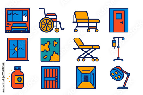 Forgotten Sanatorium Icons. Flat vector icons of Forgotten Sanatorium: abandoned sunroom, rusted wheelchair, old medical bed,