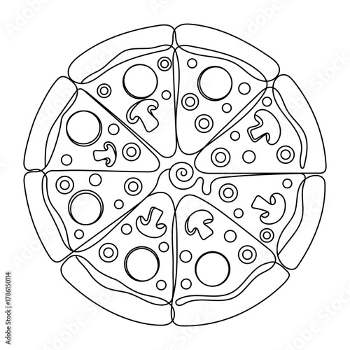 One line Drawing or illustration of slice of pizza with pepperoni and mushrooms, Continuous single line drawing of delicious sliced cheese pizza design outline vector illustration Editable stroke