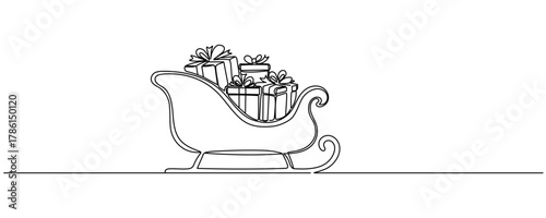 Santa s sleigh with Christmas reindeer in harness one line art. Continuous line drawing of new year holidays, christmas, congratulations, weekend, celebration. Editable stroke
