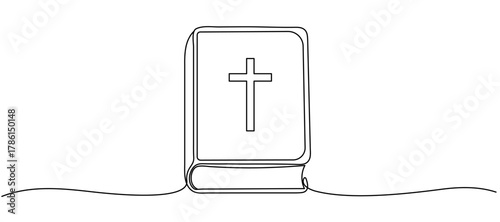 Continuous one line drawing silhouette of Bible. Bible linear icon. One line drawing background. Vector illustration. Line art of Bible Editable stroke