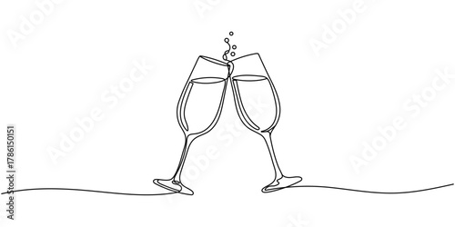 Continuous One line drawing of champagne and glasses. Editable stroke