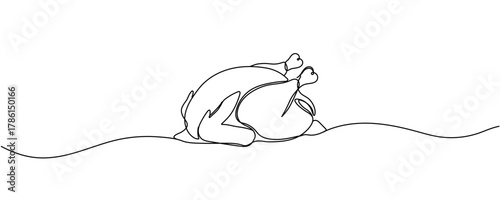 Turkey or chicken one line art, fried poultry meat continuous contour drawing,hand-drawn Thanksgiving Day traditional food,hot dish outline festive design decoration. Editable stroke.