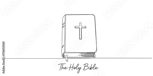 Continuous one line drawing silhouette of Bible. Bible linear icon. One line drawing background. Vector illustration. Line art of Bible Editable stroke