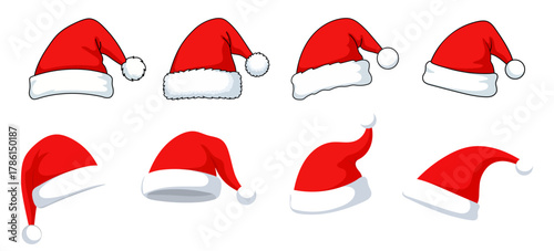 Santa Claus hats collection. Vector clip art isolated. Traditional Christmas element.
