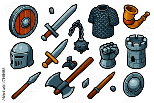Medieval Weapons Icons. Isometric vector illustration set Sword & Shield: aged wooden round shield, steel longsword, linked