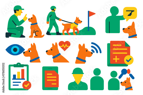 Military Canine Operation Icons. Flat vector icons of workflow in military canine operations: training session, field deployment,