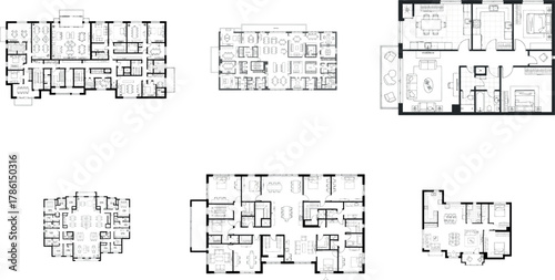 Collection of six different architectural floor plans for residential buildings