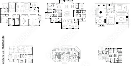 Six diverse architectural floor plans showcasing different housing layouts