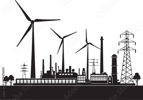 Industrial landscape with wind turbines and power lines against a white background Keywords: industrial, landscape, wind turbines, power lines, factory, silhouette, energy, electricity