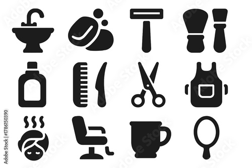 Grooming Essentials Icons. Solid style icons of Grooming Rituals: Wash Basin, Soap, Razor, Brush, Cologne, Comb, Scissors, Apron,