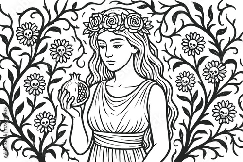Persephone's Underworld Garden. Persephone in the underworld holding a pomegranate, surrounded by skeletal flowers and shadowy