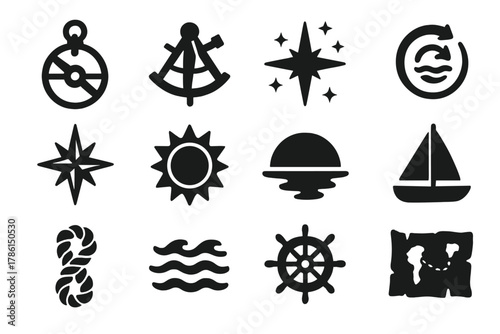 Ancient Navigation Icons. Solid style icons of Ancient Navigation: Astrolabe, Sextant, North Star, Ocean Current, Compass Rose,