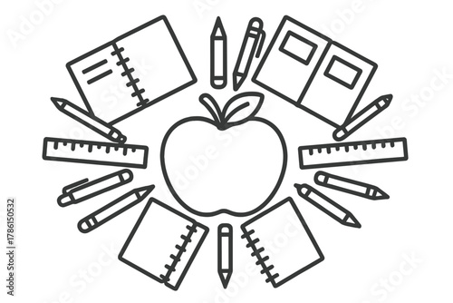 Radial School Supplies. Apple in the center with notebooks, pens, pencils, and rulers placed symmetrically around in radial