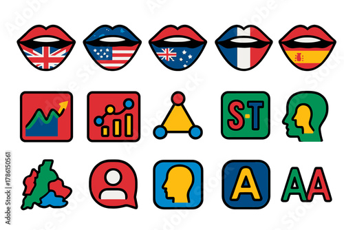 Accent Icons Collection. Flat vector icons of accent formation: British accent lips, American accent lips, Australian accent lips,