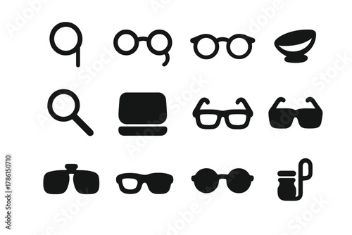Vision Correction Icons. Solid style icons of Vision Correction: Monocle, Pince-nez, Eyeglasses, Contact Lens, Magnifier, Reading