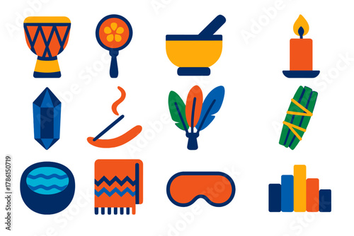 Psychedelic Healing Icons. Flat vector icons of Psychedelic Healing Tools: music drum, rattle, singing bowl, candle, crystal,