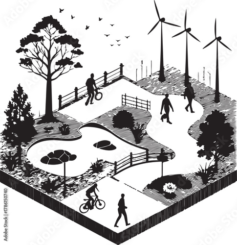 Isometric park scene with people cycling walking and wind turbines Keywords: park, isometric, scene, people, cycling, walking, wind turbines, trees, pond, bridge, fence, nature, recreation