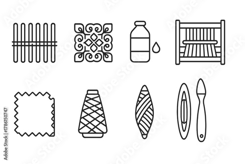 Cultural Weaving Icons. Line style icons of Cultural Weaving: Reed, Decorative Pattern, Dye, Craft Method; Loom, Shuttle, Yarn,