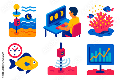 Chronobiology Marine Icons. Isometric vector illustration set Chronobiology of marine organisms: tidal rhythm monitoring, lunar