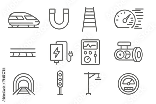Futuristic Transport Icons. Line style icons of Futuristic Transport: Maglev Train, Electromagnetic Coil, Track, High Velocity;