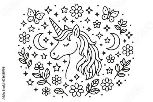 Magical Unicorn Mandala. Unicorn in the middle with stars, moons, flowers, and butterflies radiating outward in magical symmetry,