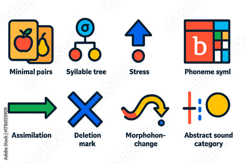Phonology Icon Set. Flat vector icons of phonology: minimal pair words, syllable tree diagram, stress mark, phoneme symbol,