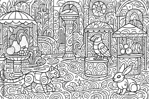 Futuristic Bazaar Wonderland. Enchanted futuristic bazaar with surreal stalls, robotic animals, holographic fruits, and abstract