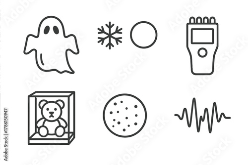 Paranormal Icons Collection. Line style icons of Paranormal Phenomena: ghost silhouette, cold spot symbol, EMF meter, spirit orb,